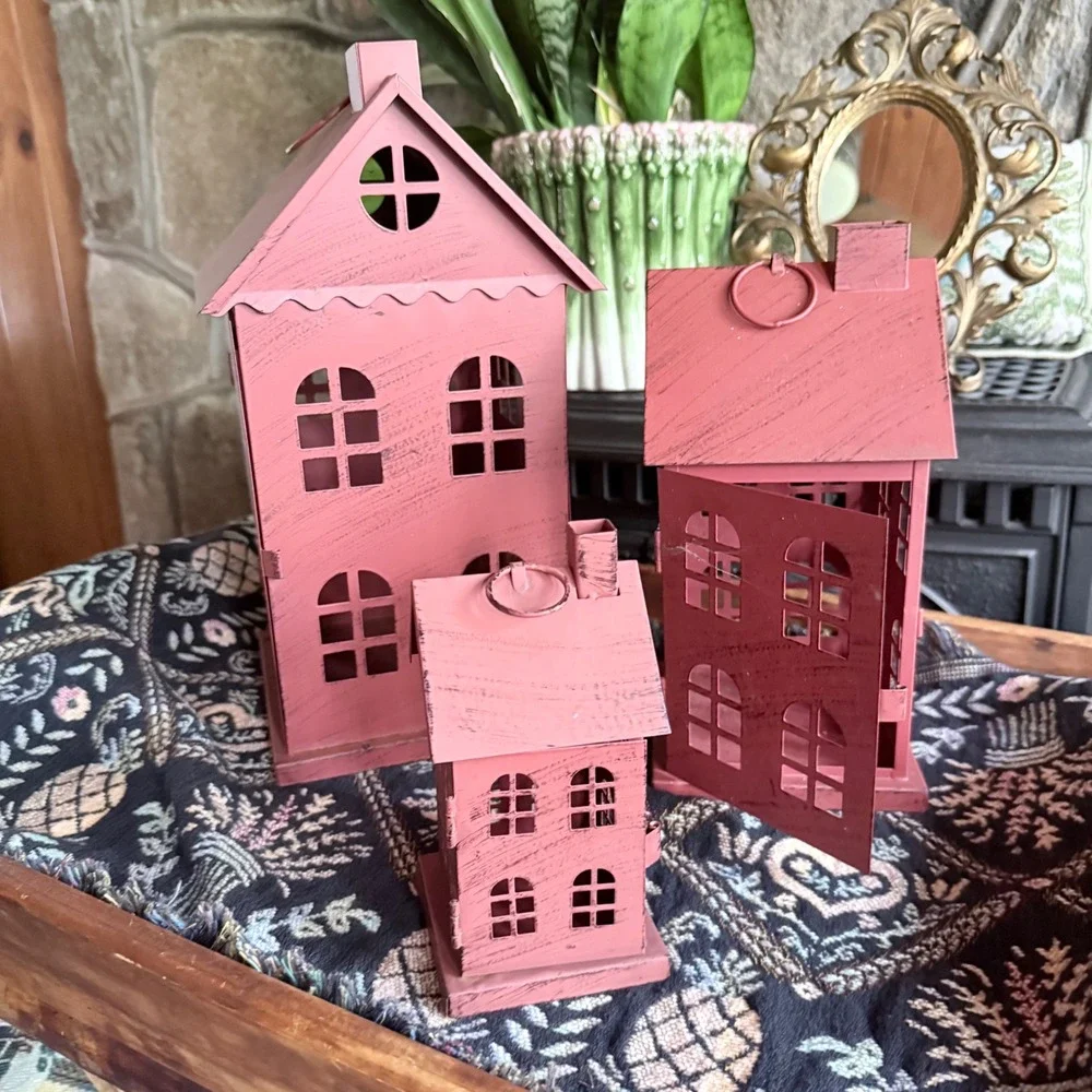Vintage Style Metal House Lanterns Set of 3 Nesting Village Houses Terracotta